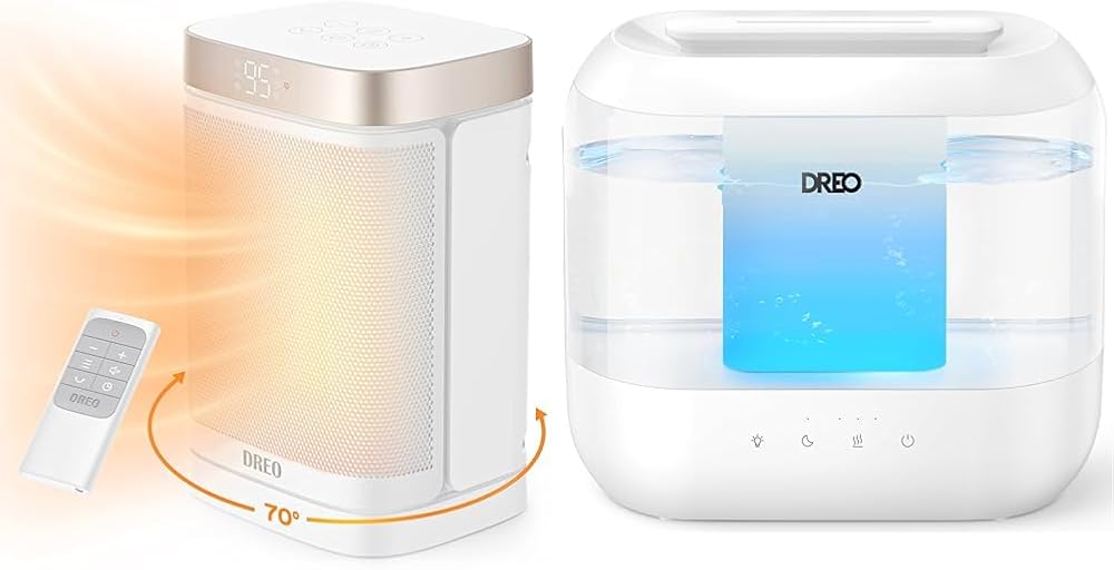 Dreo Atom One Space Heater with Remote, 70°Oscillating Electric Heater & Humidifiers for Bedroom, Top Fill 4L Supersized Cool Mist Humidifier with Oil Diffuser and Nightlight, 32H Runtime