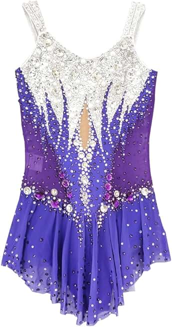 Girl's Purple Suspender Artistic Gymnastics Suit Sparkling Rhinestone Competition Performance Suit