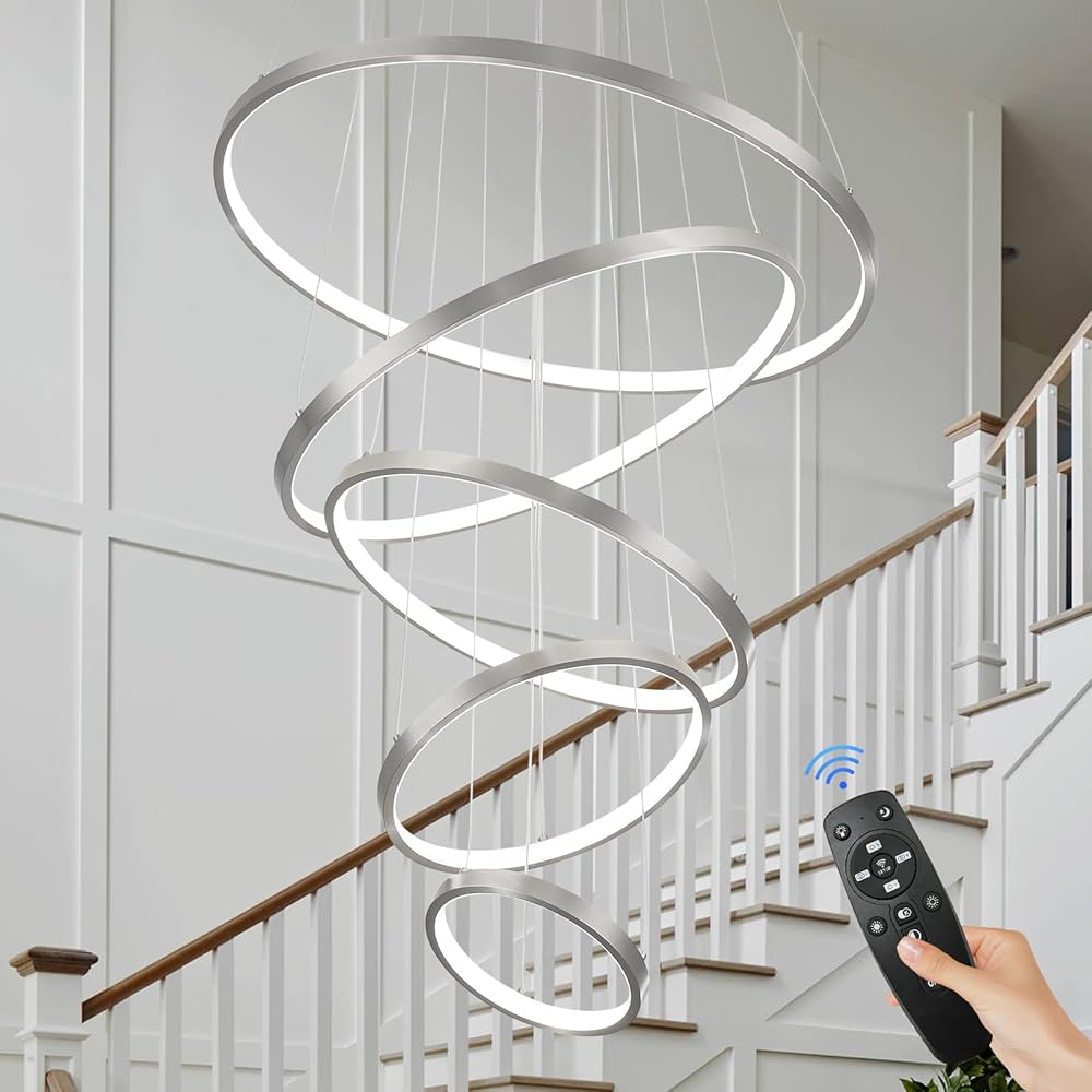 Modern LED Chandelier 5 Rings Chandelier Dimmable Foyer Chandelier for High Ceiling Upgraded Dimmable Contemporary Nickel Chandelier for Living Room Staircase Entryway, 3000K-6500K