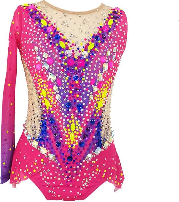 Pink Girl's Artistic Gymnastics Suit Set with Large Gemstones and Shiny Competition Clothing