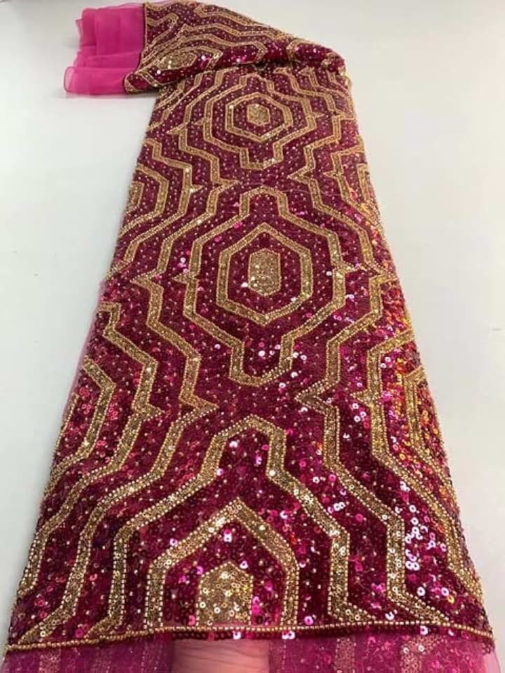 MARHAFABRIC 5 Yards Swiss Sky Blue Tulle Fabric French Hand Made Sequins African Luxury Beaded Lace for Bridal Wedding Dress Sewing Lace Fabric for Bridal Wedding Prom Evening Dress