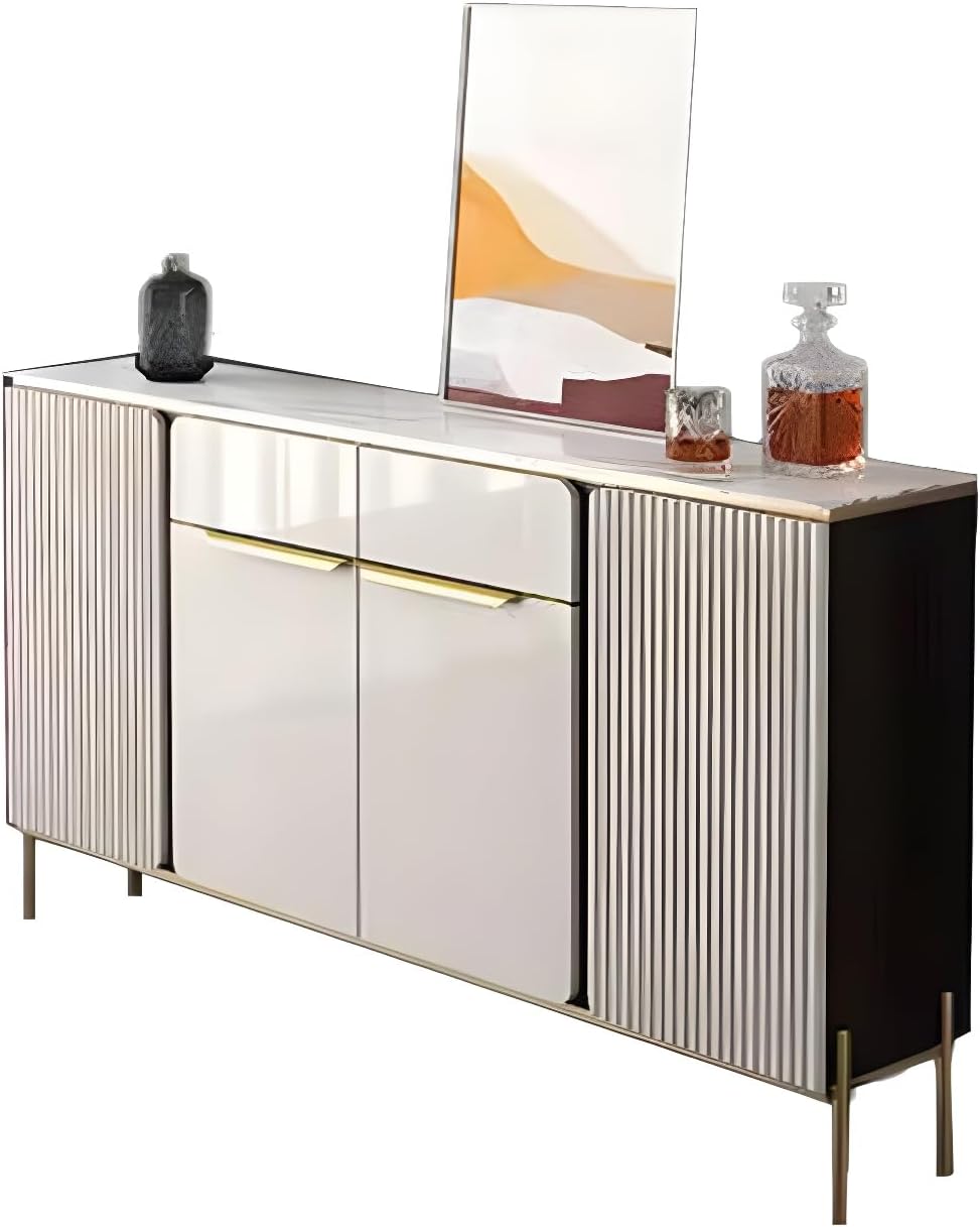 LITFAD Modern Sideboard Glam Credenza Stone Top Adjustable Shelving Buffet Credenza with Cabinets and Drawers Freestanding Entrance Cabinet Wood Living Room Storage Cabinet - 47