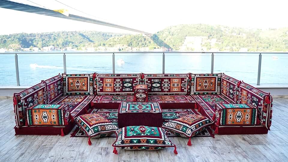 Premium U Shaped Arabic Sofa Set, Maroon Floor Cushions, Arabic Seating Floor Sofa, Backrests, Moroccan Sofas, Arabic Majlis (U Sofa Full Set)