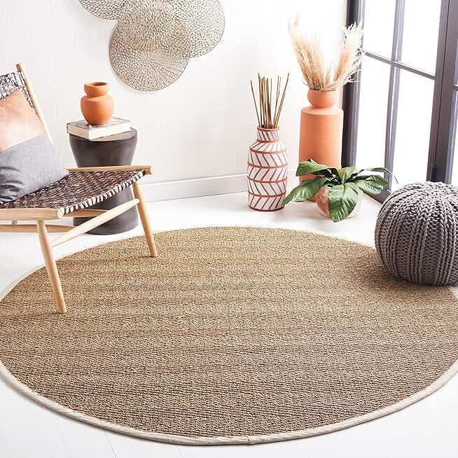 Safavieh Natural Fiber Collection Area Rug - 8' Round, Natural & Ivory, Border Herringbone Seagrass Design, Easy Care, Ideal for High Traffic Areas in Living Room, Bedroom (NF115J)