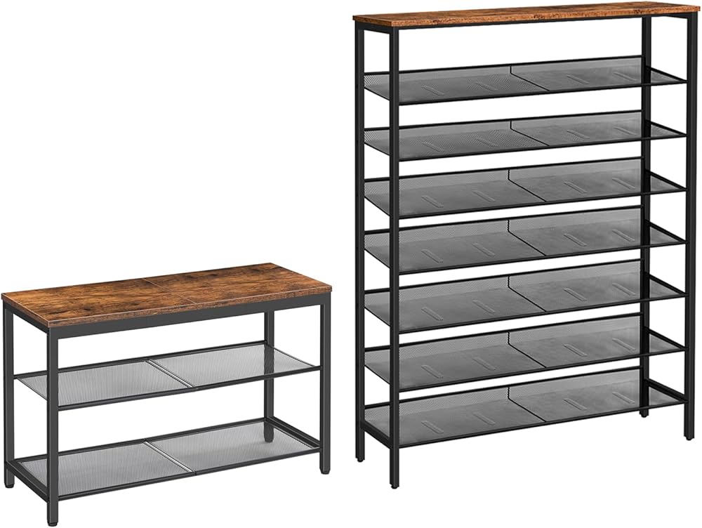 HOOBRO Shoe Bench 3-Tier Shoe Rack and 8-Tier Shoe Rack, Industrial Shoe Organizer Storage Bench, for Entryway, Living Room, Hallway, Easy Assembly, Rustic Brown BF75HX01-BF118XJ01