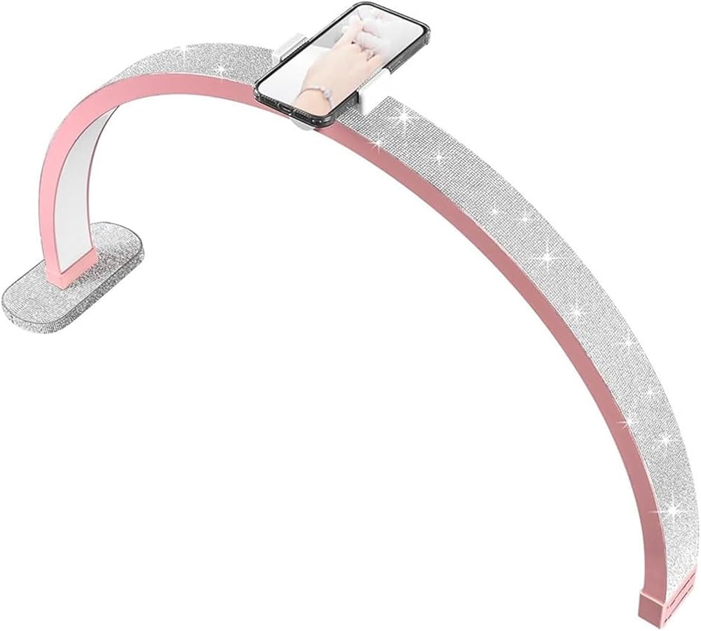 Half Moon Nail Desk Lamp, Dimmable 30 inch Desk LED Light with Rhinestones and Phone Holder, 3200-5600K Adjustable Brightness Tabletop Lash Lamp for Nail, Tattoo, Beauty, Skincare ( Color : Pink )