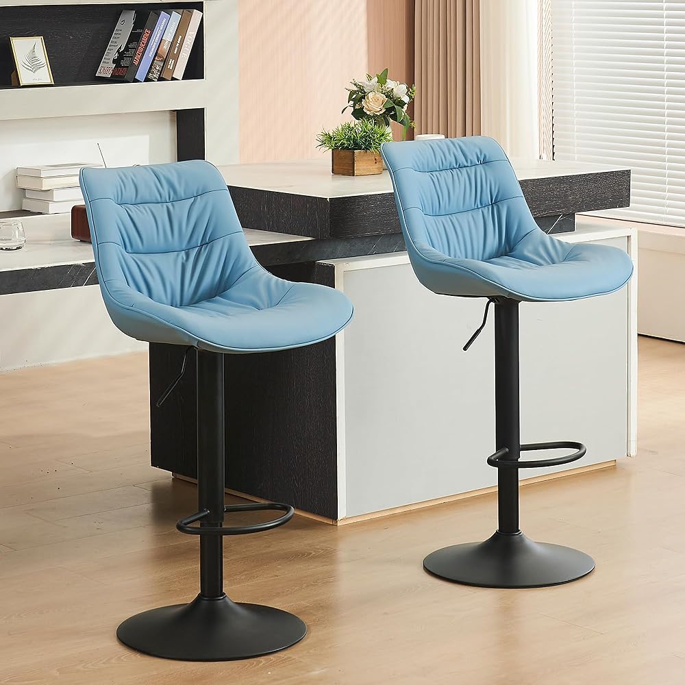 Kidol & Shellder Counter Height Bar Stools Set of 2 for Kitchen Island Swivel Barstools Adjustable Bar Stool Modern Counter Stools Upholstered Bar Chairs PU Leather Bar Height Stools with Back(Blue)