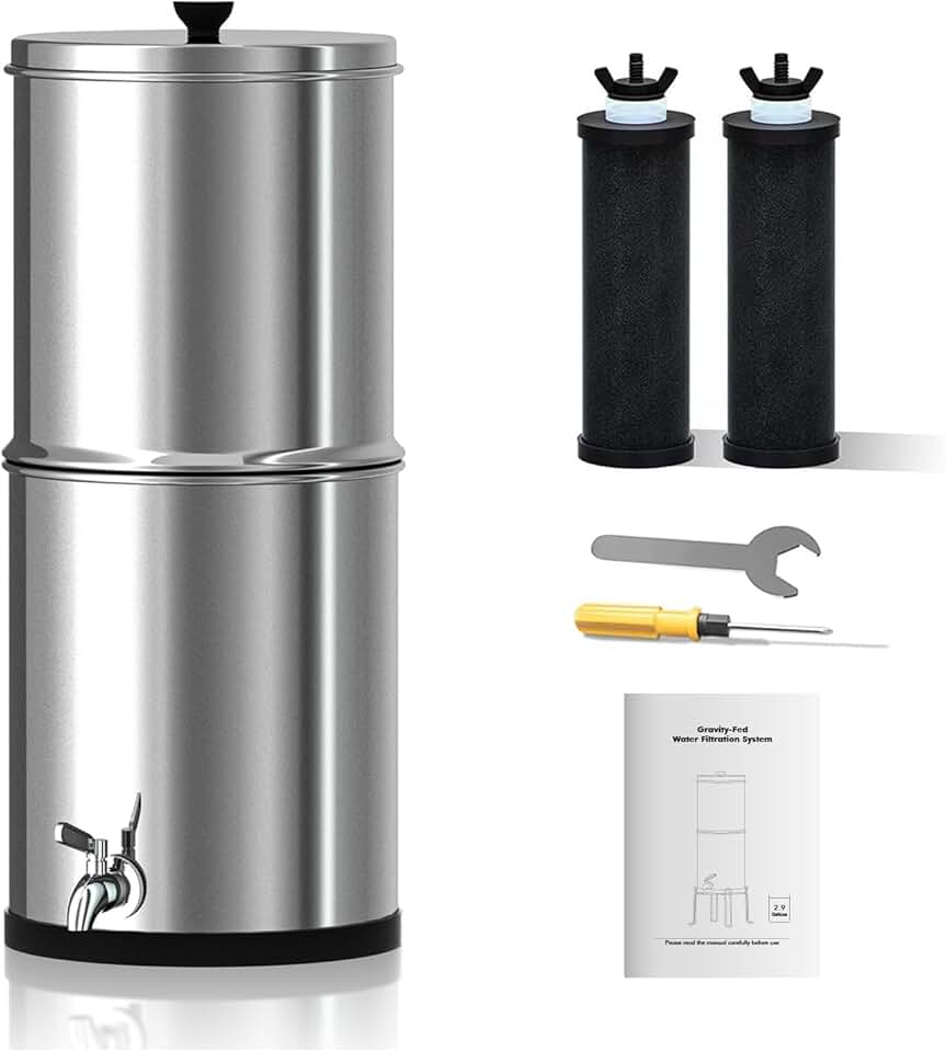 Purewell Stainless Steel Gravity-Fed Water Filter, High Capacity 2.9 Gallon with 2 Purification Elements for Home and Camping Use