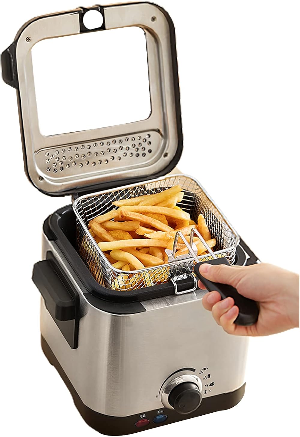 1.5L Deep Fat Fryer with Viewing Window, Electric Deep Fryer Adjustable Temperature Control with Safety Handle and Stainless Steel Non-Stick Internal Mesh Basket Easy Clean