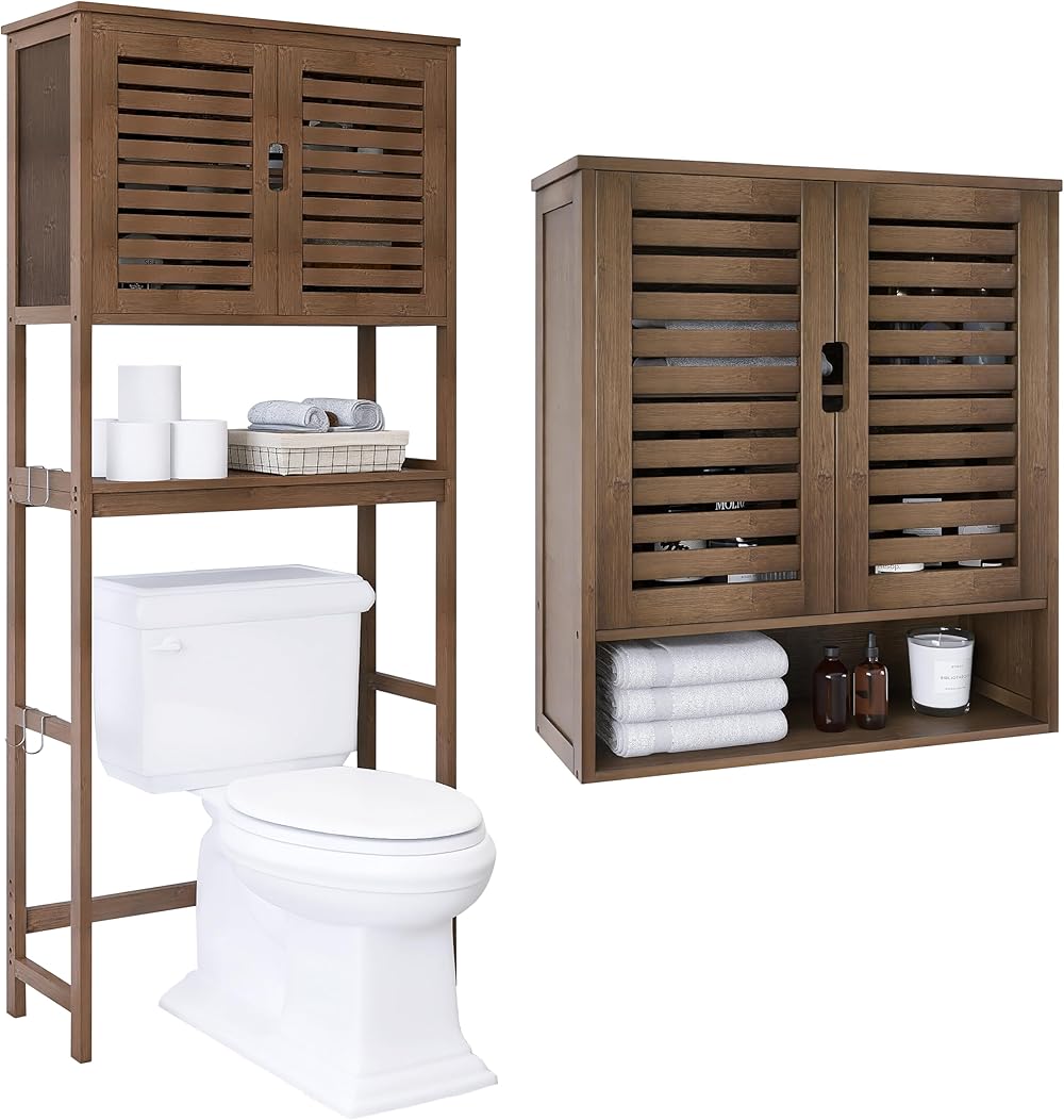 SMIBUY Bathroom Over The Toilet Storage Cabinet and Bathroom Cabinet Wall Mounted, Door Bamboo Cabinet Organizer and Space Saver Medicine Cabinet with 2 Door and Adjustable Shelves (Walnut)