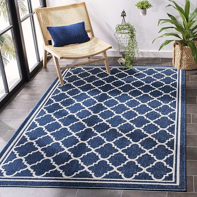 SAFAVIEH Amherst Collection 8' Square Navy/Beige AMT422P Moroccan Trellis Non-Shedding Living Room Bedroom Area Rug