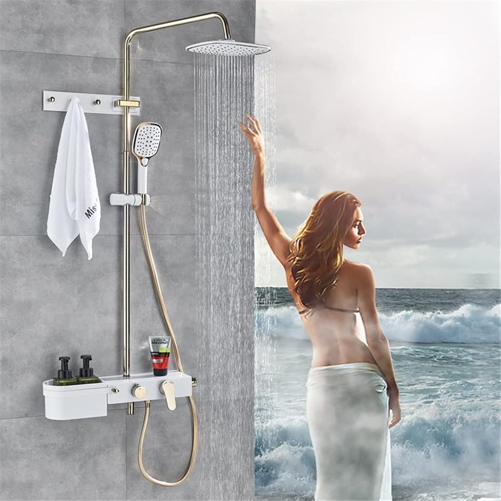 Golden White Shower Mixer System Wall Mount Storage Shelf Bath Shower Set Faucet Single Handle in Wall Hooks 8