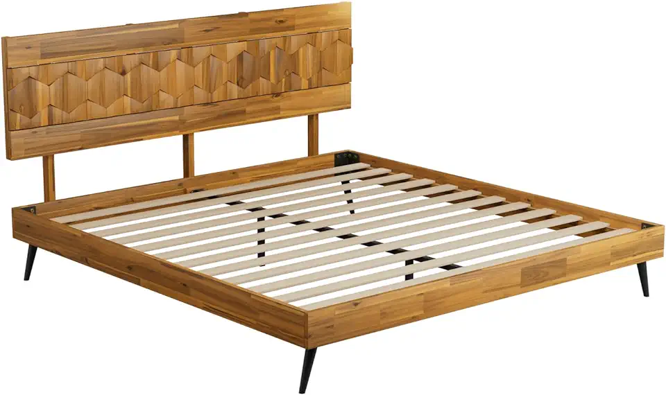 Bme Georgina King Bed Frame and Headboard, Handcrafted Geometric Pattern Solid Wood Platform Bed Frame, No Box Spring Needed, 12 Strong Wood Slats Support, Easy Assembly, Teak Brown