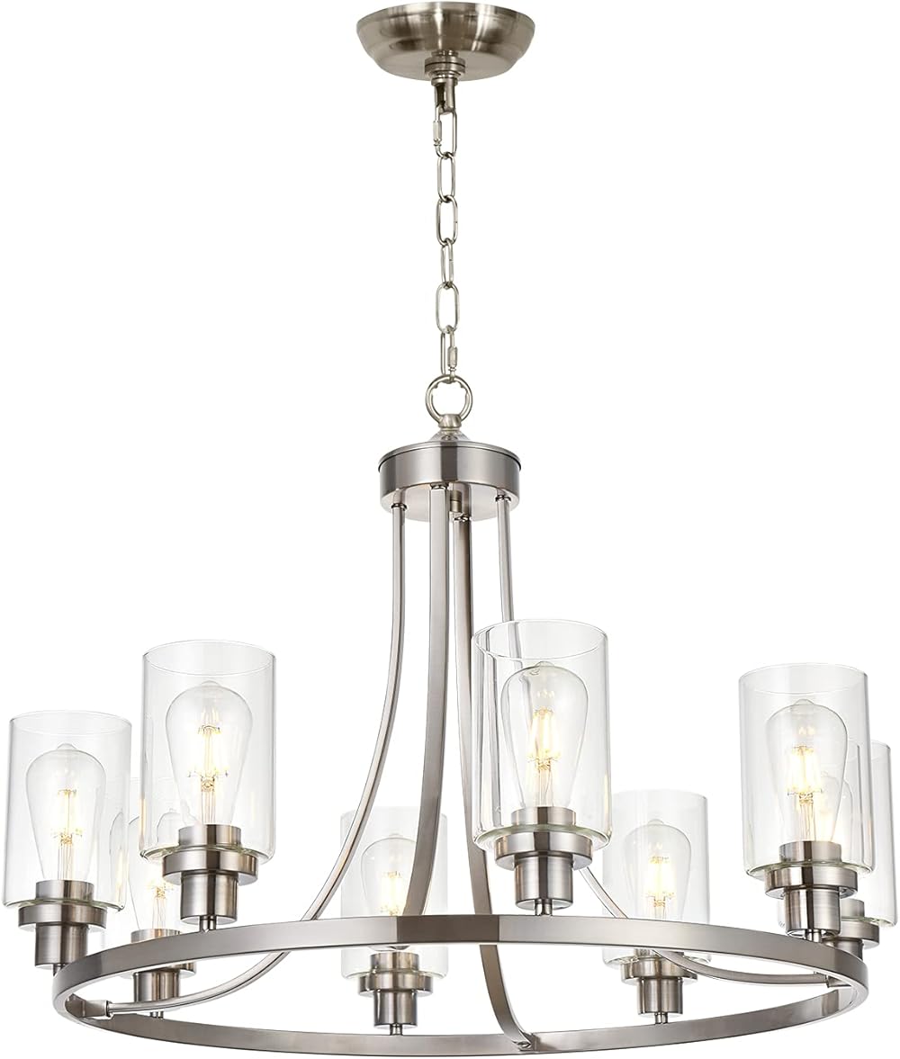 Modern Chandelier Brushed Nickel Finish 8 Lights, Dining Room Lighting Fixtures Hanging Industrial Pendant Lighting for Kitchen Island Foyer Restaurant