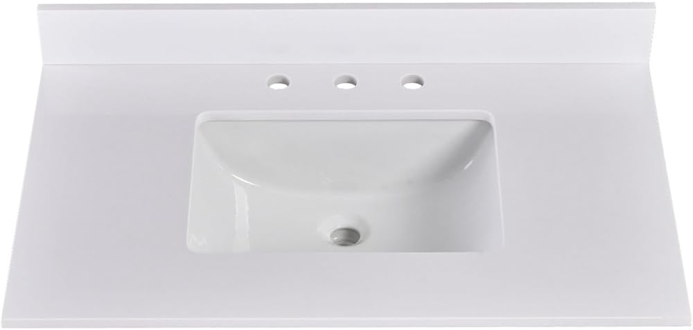 36 Inch Solid White Vanity Sink Top, Engineered Stone Vanity Top with Rectangular Undermount Ceramic Sink, 8 Inch Widespread Faucet Hole with Backsplash Countertops for Bathroom