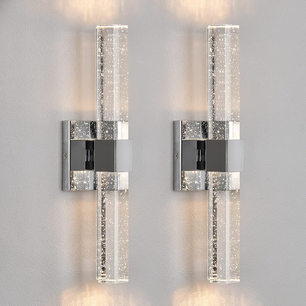 Wall Sconces Set of Two - Crystal Sconces Wall Lighting 14W Dimmable LED Bathroom Vanity Light Fixtures Chrome Bubble Wall Lights for Bathroom Hallway Bedroom Living Room (2 Pack)