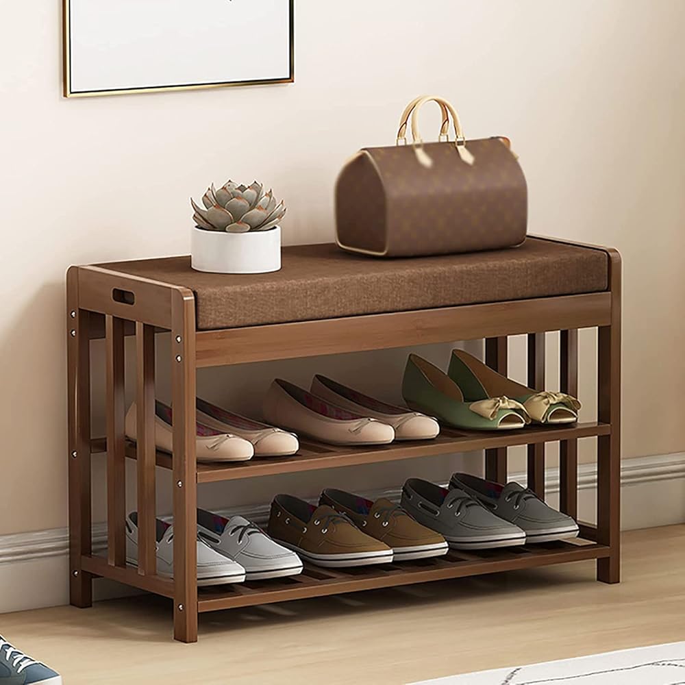 Shoe Storage Bench Entryway Hallway Furniture, 2-Tier Shoe Stool with Detachable Cushion Bamboo Shoe Rack Bench Entryway Storage Organizer for Bedroom, Living Room and Bathroom(70*27*44 cm)