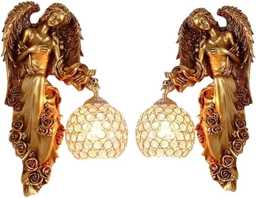 Rustic Resin Wall Lamp Set of Two，Angel Indoor Wall Sconce Lighting with Crystal Lampshade Farmhouse Wall Light Fixture Wall Mounted Lamp Light Fixture for Bedroom Stairs Hallway Porch