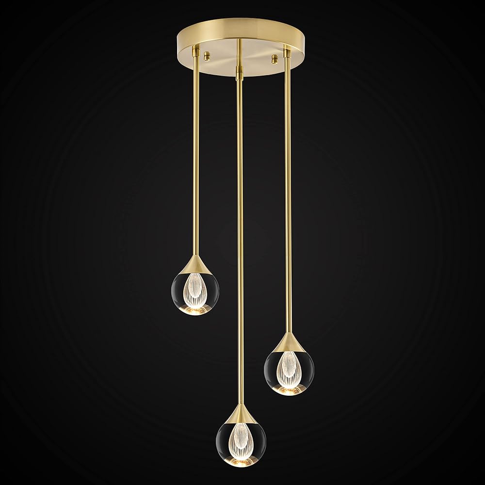 3-Light Teardrop Crystal Pendant Light, Dimmable LED Crystal Globe Hanging Light Fixture, Modern Ceiling Pendant Lighting for Kitchen Island Dining Room Bedroom Bar 3000K 24W Brush Brass
