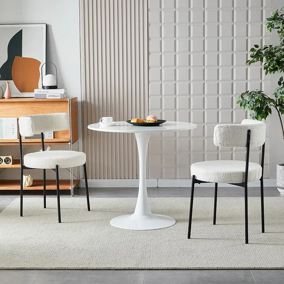 Honyee White Dining Chairs, Modern Dining Chairs Set of 2, Teddy Fleece Round Cushion Dining Room Chairs, Curved Backrest Dining Chairs with Black Metal Legs (White, 2Pcs)