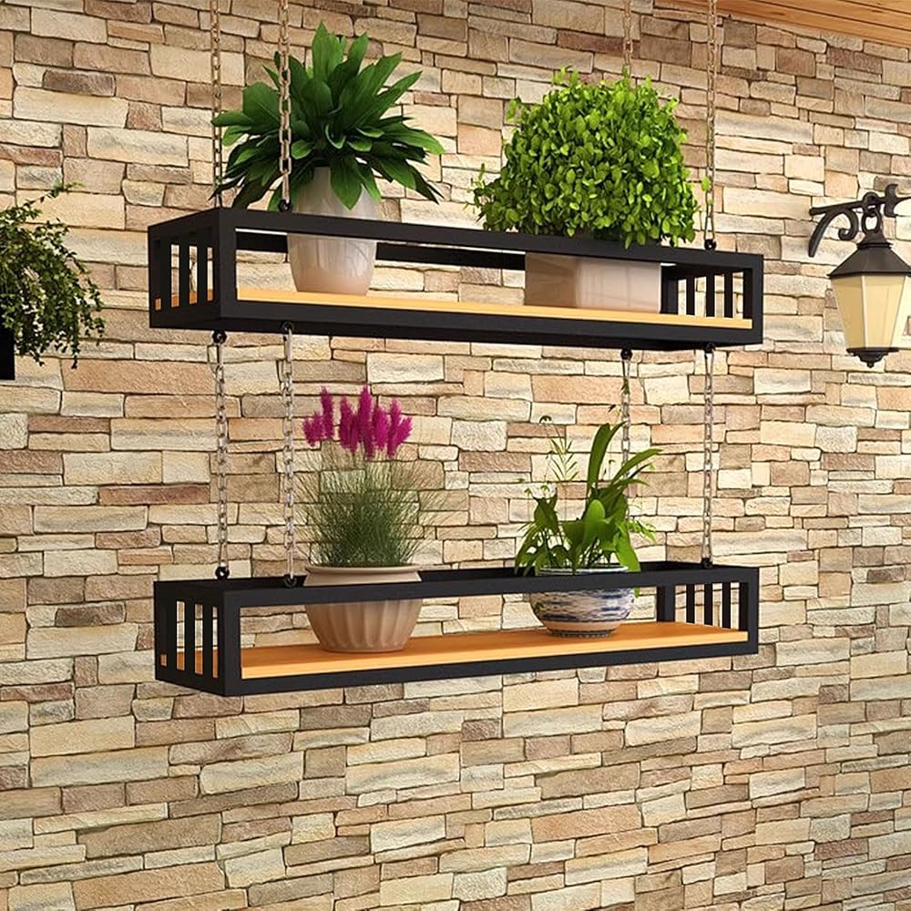 Ceiling Shelf Kitchen Pot Rack/Pan Rack Hanging Shelving Creative Ceiling Mount Flower Stand Cookware Hanger Storage for Bar Cellar Restaurant, Black Metal Iron Frame 60/80/100/120/140cm (