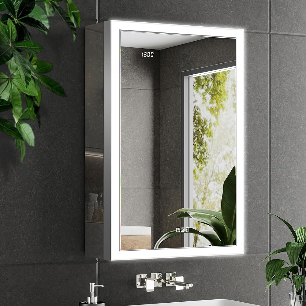 24x32 Lighted Medicine Cabinet, Recessed or Surface Fog-Free LED Bathroom Mirror with Storage, Time Display & Stepless Dimming, Built-in Auto-Sensing LED, 2 Outlet &USB, Light Color Changing