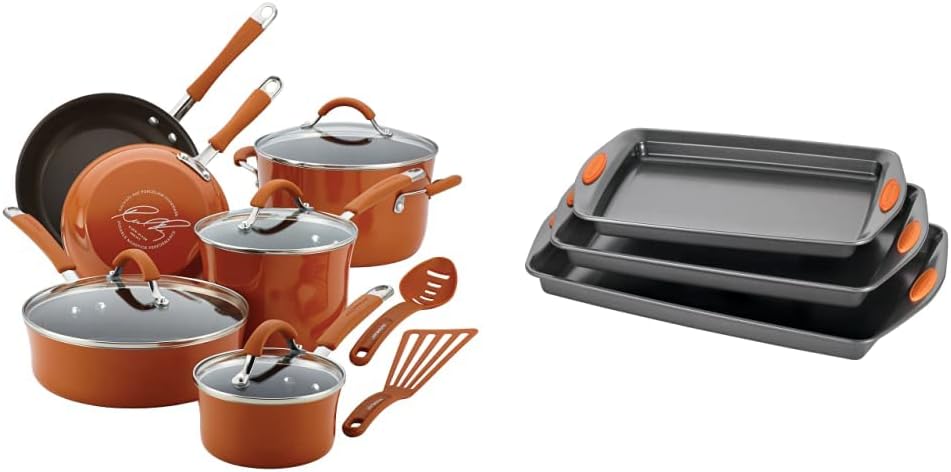 Rachael Ray Cucina Nonstick Cookware Pots and Pans Set, 12 Piece, Pumpkin Orange & Nonstick Bakeware Set with Grips, Nonstick Cookie Sheets/Baking Sheets - 3 Piece, Gray with Orange Grips