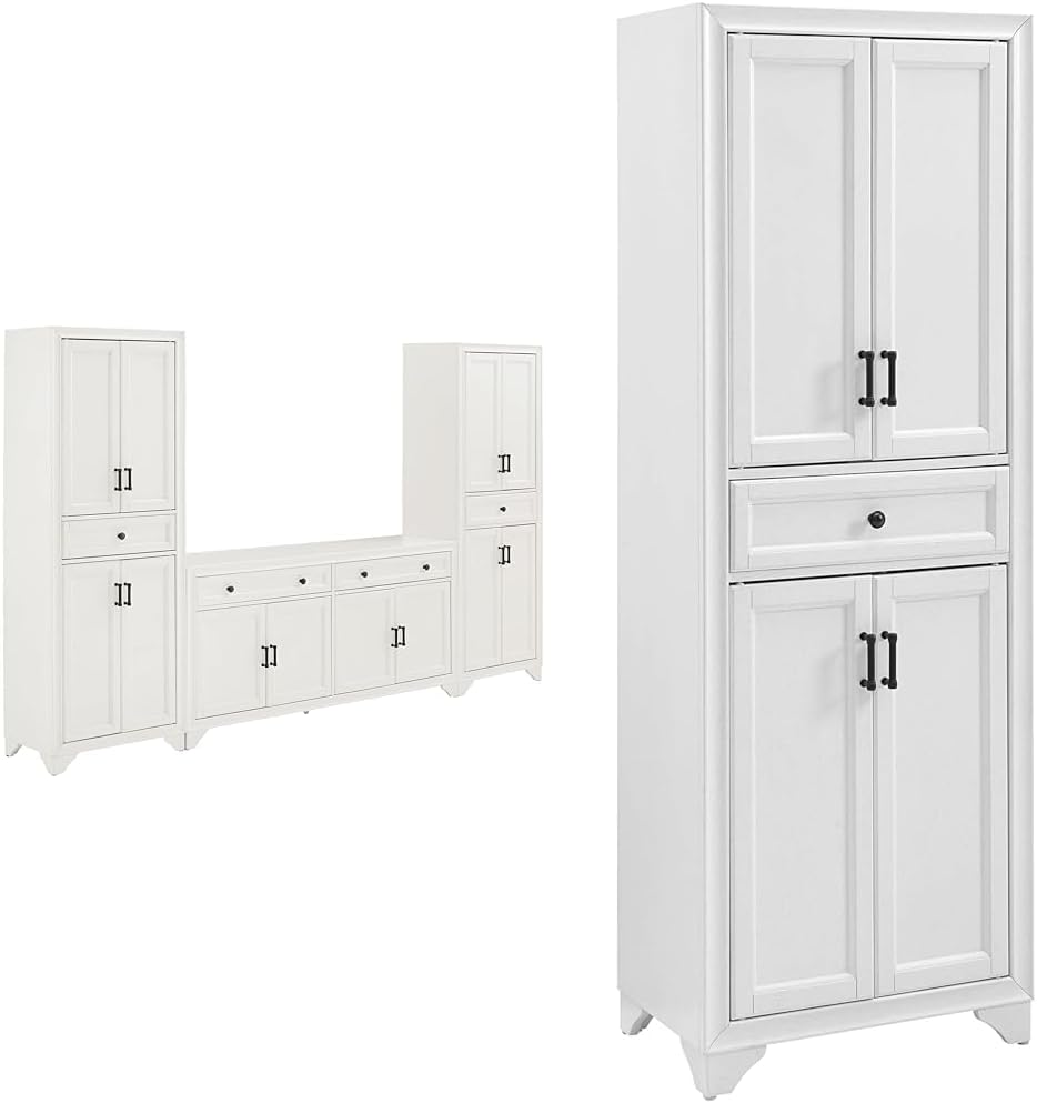 Crosley Tara 3-Piece Sideboard and Pantry Set with 2 Pantries, Distressed White