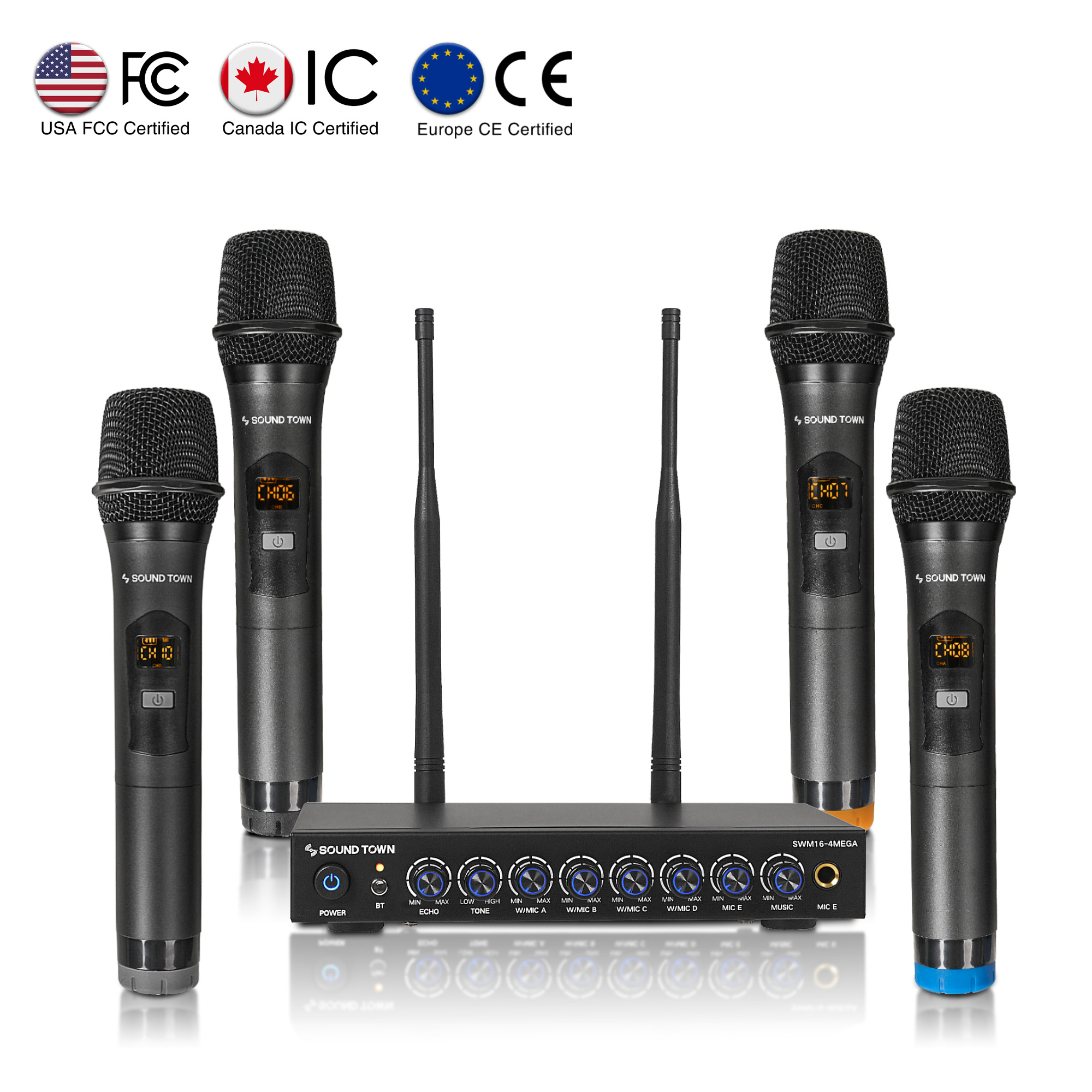 Sound Town 200 Channels Wireless Microphone Karaoke Mixer System, with 4 Metal Handheld Microphones, Optical (Toslink), AUX, for Smart TV, Home Theater, Sound Bar (SWM16-4MEGA)