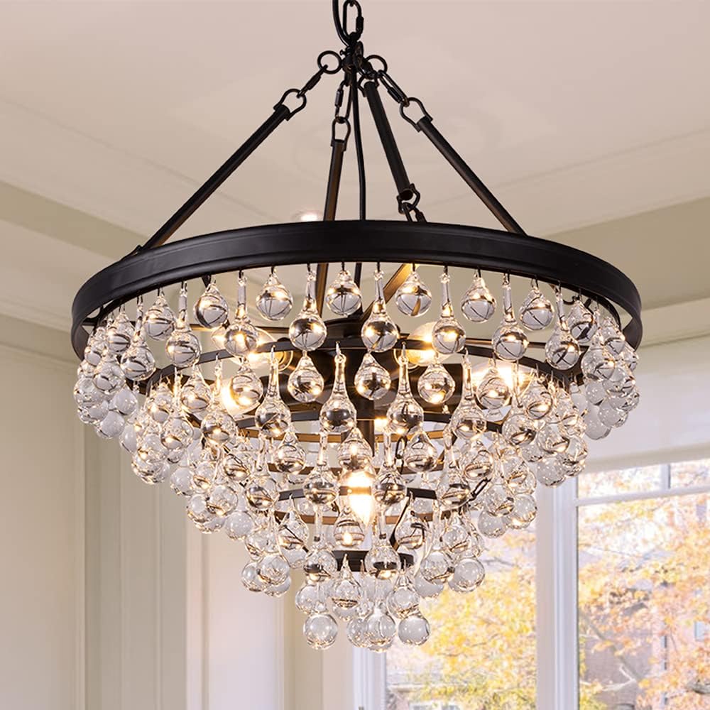 Wellmet Modern Crystal Chandeliers, 6 Lights Black Chandeliers for Dining Room, Farmhouse Ceiling Light Fixture for Foyer, Bedroom, Living Room, Entryway, Kitchen Island, 20”Dia
