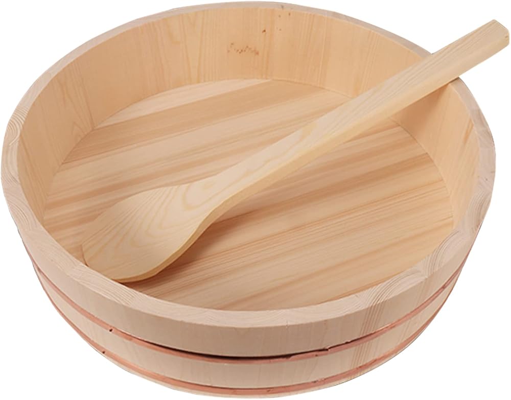 Pine Wooden Sushi Rice Bowl, Hangiri Sushi Oke Rice Mixing Tub with Copper Band, Free Sushi Tools Wood Spoon, Rice Mixing Bowl Tub for Restaurant Home Kitchen,45cm