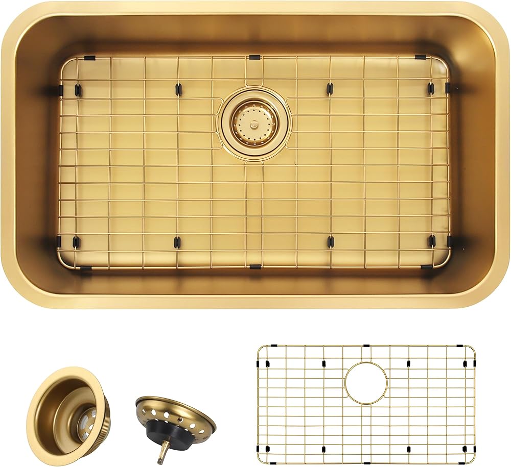 Undermount Kitchen Sink, Stainless Steel Kitchen Sink 3018, Deep Sink, Gold Kitchen Sink, Single Bowl Kitchen Sink with Sink Grid and Sink Drain Assembly, Large Kitchen Sink, PVD Nano Gold