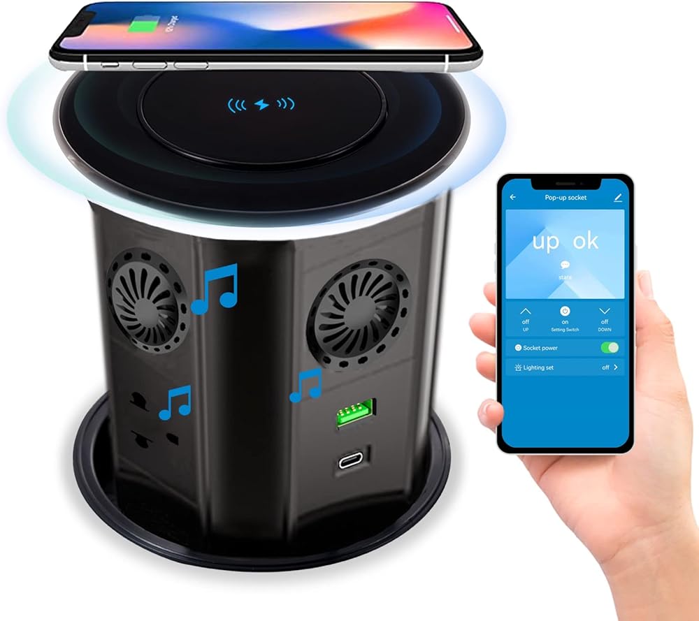 Automatic Pop Up Power Strip, Retractable Hidden Recessed Power with 2 4.2A USB Charger Ports and Wireless Charger Station, 3 AC Outlets for Kitchen Countertop Conference（Black）