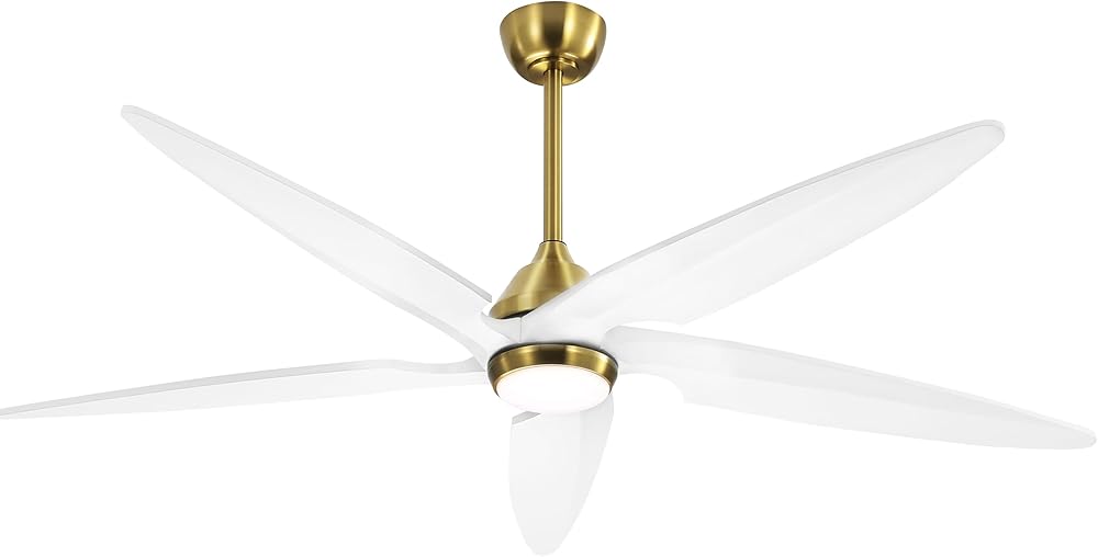 54 Inch Modern Ceiling Fan with Lights and Remote, 5 Wood Blades, 6-Speed Noiseless Reversible DC Motor with Replaceable Downrods for Bedroom Living Room Dining Room, White and Gold.