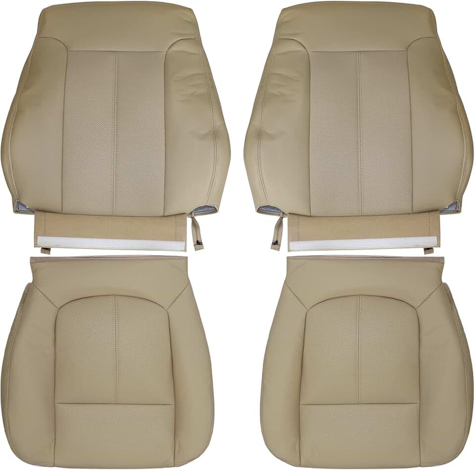 Priprilod Tan Leather Driver & Passenger Side Bottom Perforated Replacement Seat Cover & Top Lean Back Compatible with Ford F250 F350 F450 F550 Lariat 2011 2012 2013 2014 2015 2016