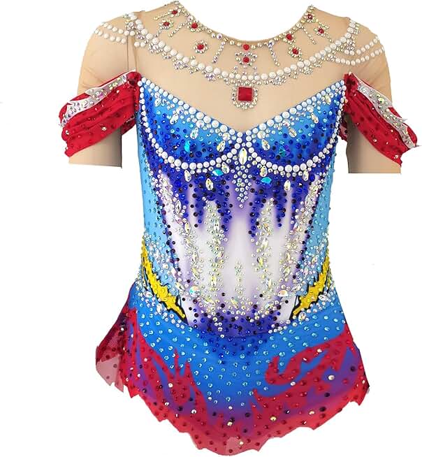 Girls' Red and Blue Artistic Gymnastics Dress with Diamond Decoration Professional Customized Competition Costume