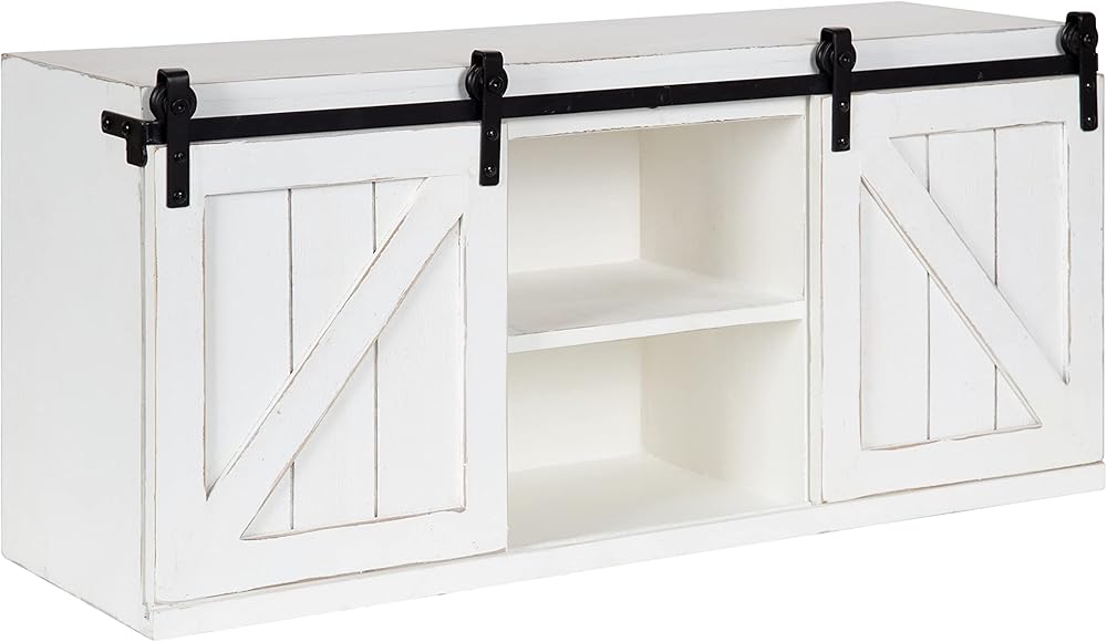 Kate and Laurel Cates Rustic Sliding Door Floating Wall Cabinet, 30 x 10 x 14, White, Decorative Distressed Wood Storage Cabinet for Farmhouse Wall Decor