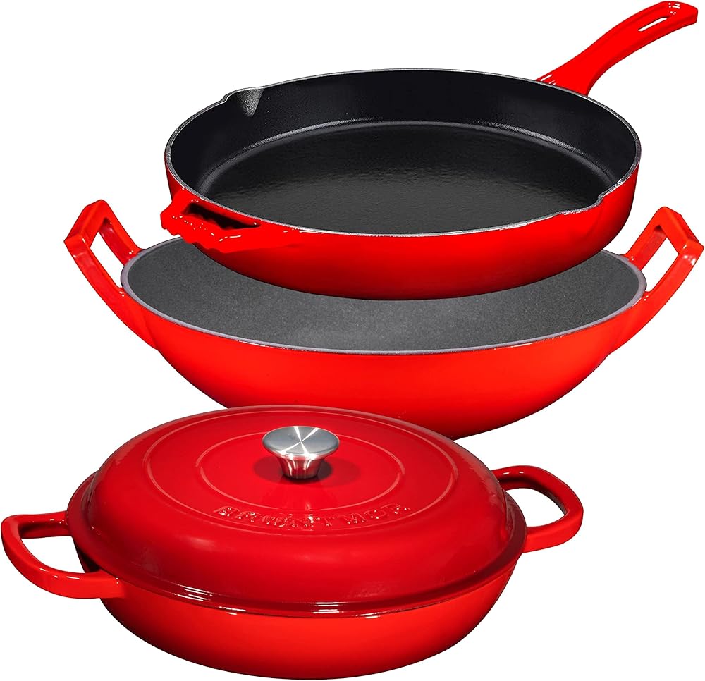 Enameled Cast Iron 3 Piece Bundle Gift Set, 3.8qt. Braiser Pan, 12 inch Skillet & 3qt. Balti Dish, Cookware Set