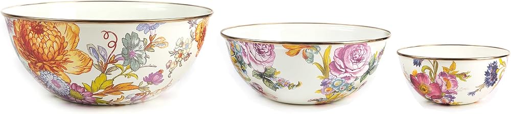 MACKENZIE-CHILDS Enamel Mixing Bowl Set, Small 5-Cup, Medium 10-Cup, and Large 16-Cup Serving Bowls for Entertaining, Set of 3, White Flower Market