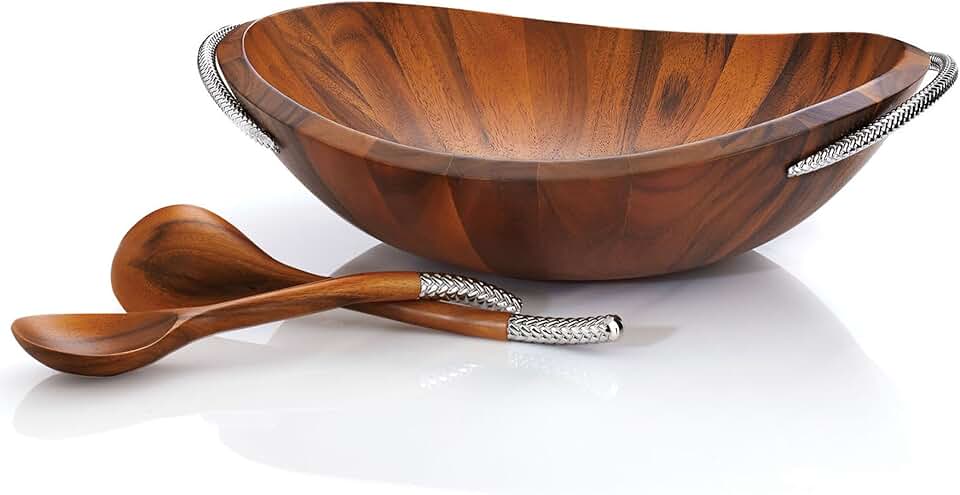 Nambe Braid Salad Bowl with Servers | 3-Piece Set | Large Wooden Serving Bowl for Caesar Salad, Large Salads | Big Salad Bowl with Serving Utensils | Made of Chrome & Acacia Wood (20” L x 16” W)