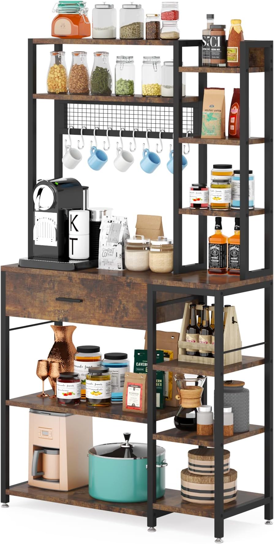 Kitchen Baker's Rack with Drawer, 70.9 inch Microwave Stand Storage Shelf Rack with 10 Hooks