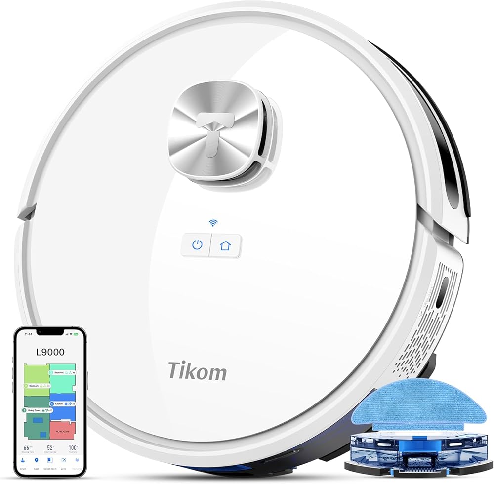 Tikom Robot Vacuum and Mop Combo, LiDAR Navigation, L9000 Robotic Vacuum Cleaner, 4000Pa Suction, 150Mins Max, Smart Mapping, 14 No-go Zones, Good for Pet Hair, Carpet, Hard Floor, White