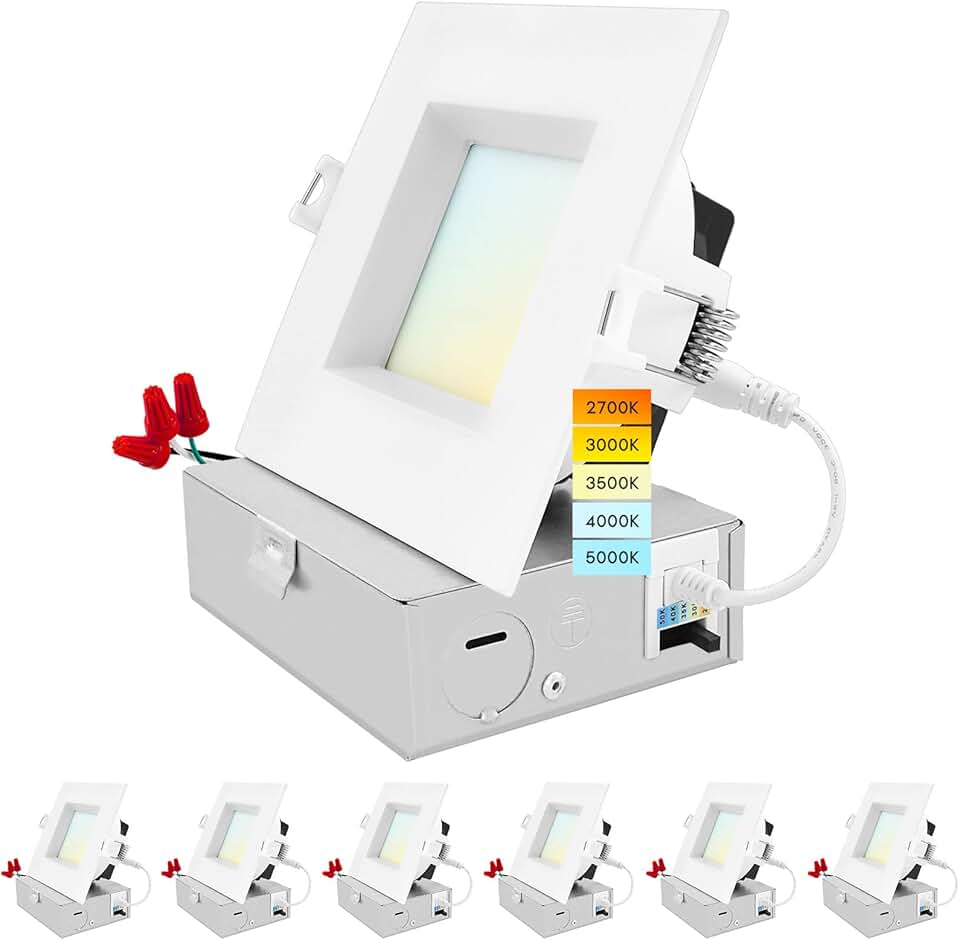 LUXRITE 4 Inch Square LED Recessed Ceiling Light with Junction Box, 15W, 5CCT Selectable 2700K/3000K/3500K/4000K/5000K, 1300LM High Brightness, Dimmable Canless Downlight, Wet Rated, ETL (6 Pack)