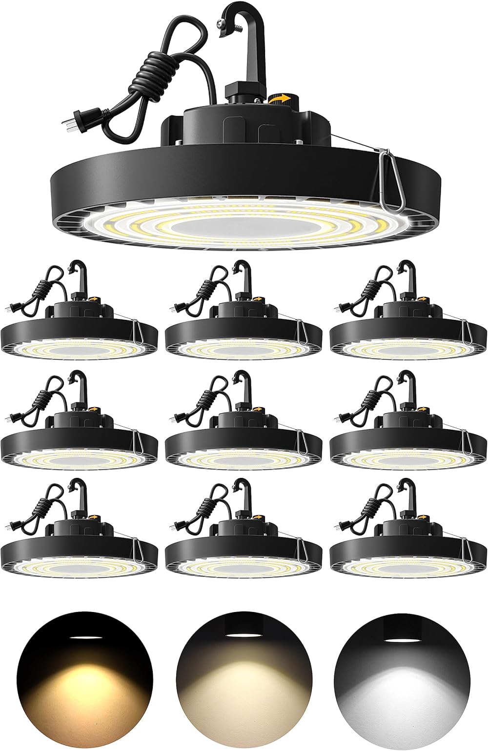 10 Pack 150W High Bay LED Lights 3000K 4000K 5000K Bright UFO LED High Bay Light Commercial Bay Lighting for Warehouse Workshop Barn Gym - 5' Cable with Plug, IP65 21000lm(600W MH/HPS Eqv.