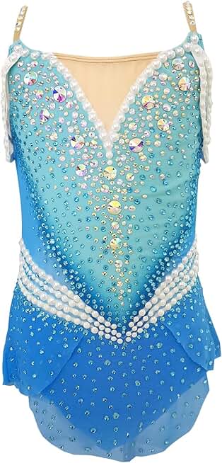 Girl's Blue Suspender Artistic Gymnastics Costume with Sparkling Rhinestone for Competition Performance