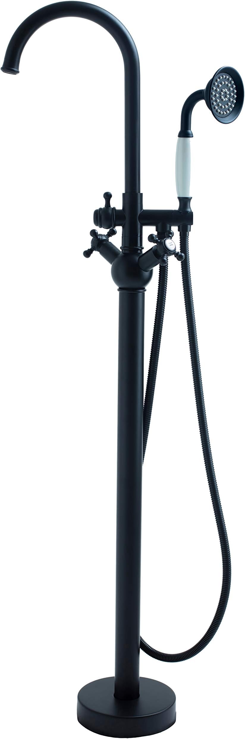 SITGES Solid Brass Freestanding Bathtub Faucet, Bathroom Floor Mount Tub Filler, Dual Function Double Cross Handles with Ceramic Hand shower, Matte Black
