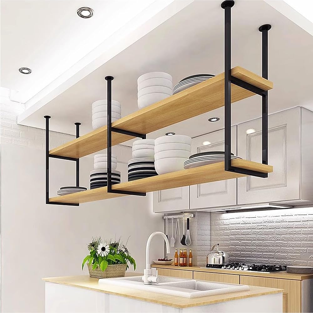 Hanging Pot and Pan Rack - Kitchen Shelves Ceiling Mounted Shelf - Durable Cast Iron and Wood 2-Tier Pot Rack - for Storage, Home Decoration and Organizer - Easy Setup (Size : 150x30x80cm)