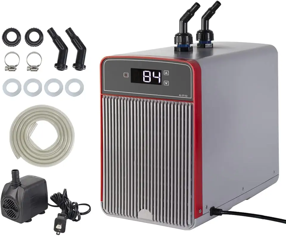Aquarium Chiller, 42gal 1/10 HP Water Chiller for Hydroponics Axolotl Coral Reef Tank,Fast Cooling,45dB Silent Compressor with Connecting Hose and Water Pump（160L）