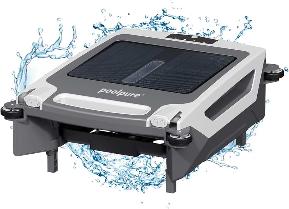 POOLPURE Pool Skimmer Robot, Solar/Battery Dual Powered Robotic Pool Skimmer, Auto Pool Surface Cleaner with Twin Salt Chlorine Tolerant Motors for Above Ground/Inground Pool