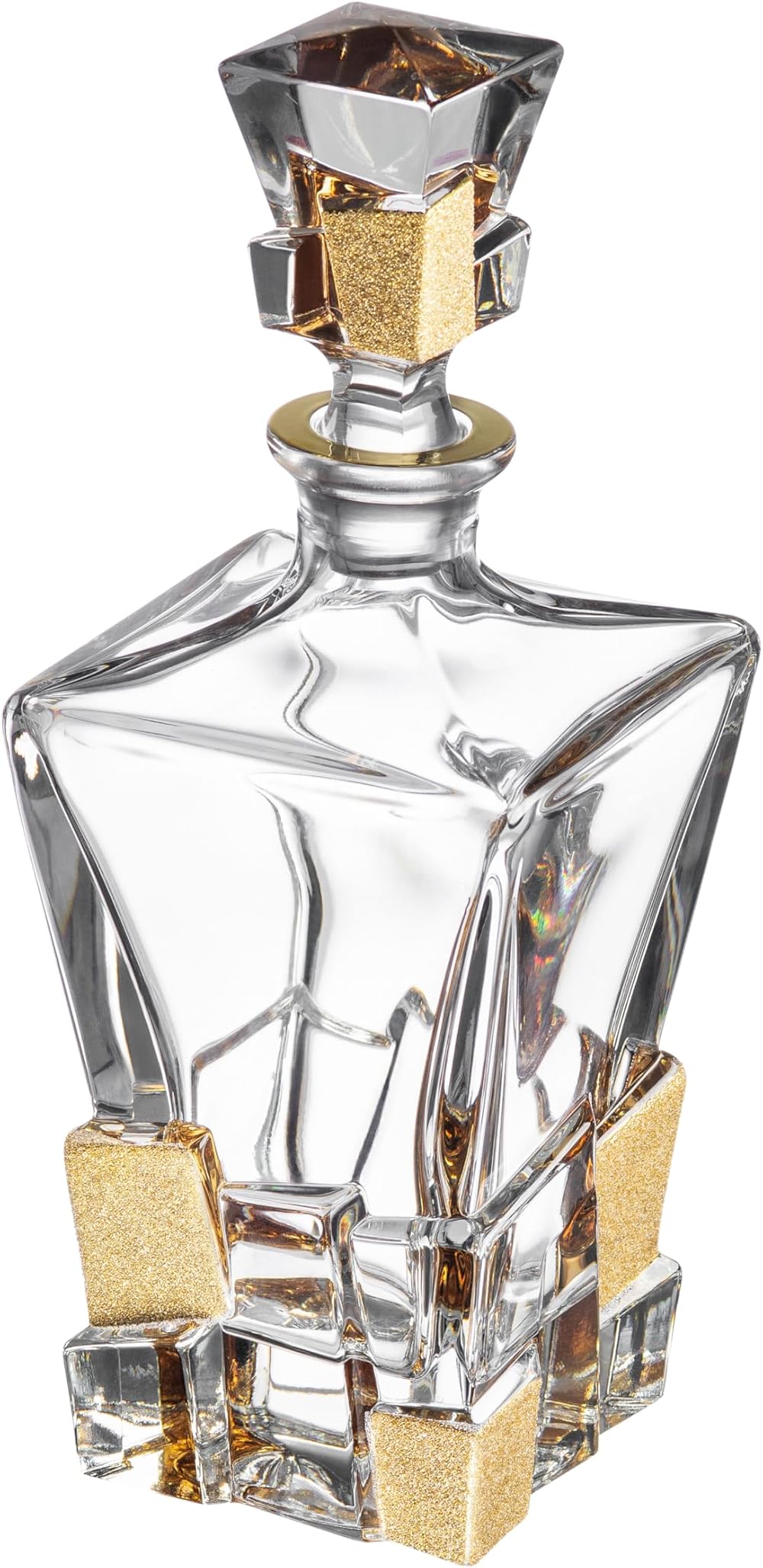 Barski - European Quality - Crystal - Whiskey/Liquor - Square Shaped - Decanter - with Ice Cube Design in Matte Gold - 28 oz. - 11.25